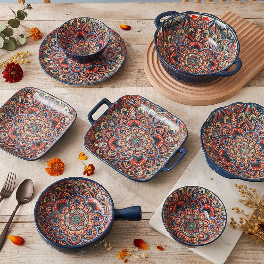 Bohemian mandala ceramic collection arranged flat-lay on rustic wood table