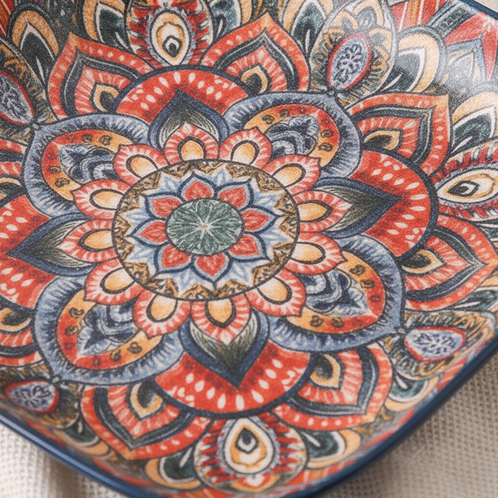 Macro detail of red orange and blue mandala pattern on deep-navy hand-glazed ceramic