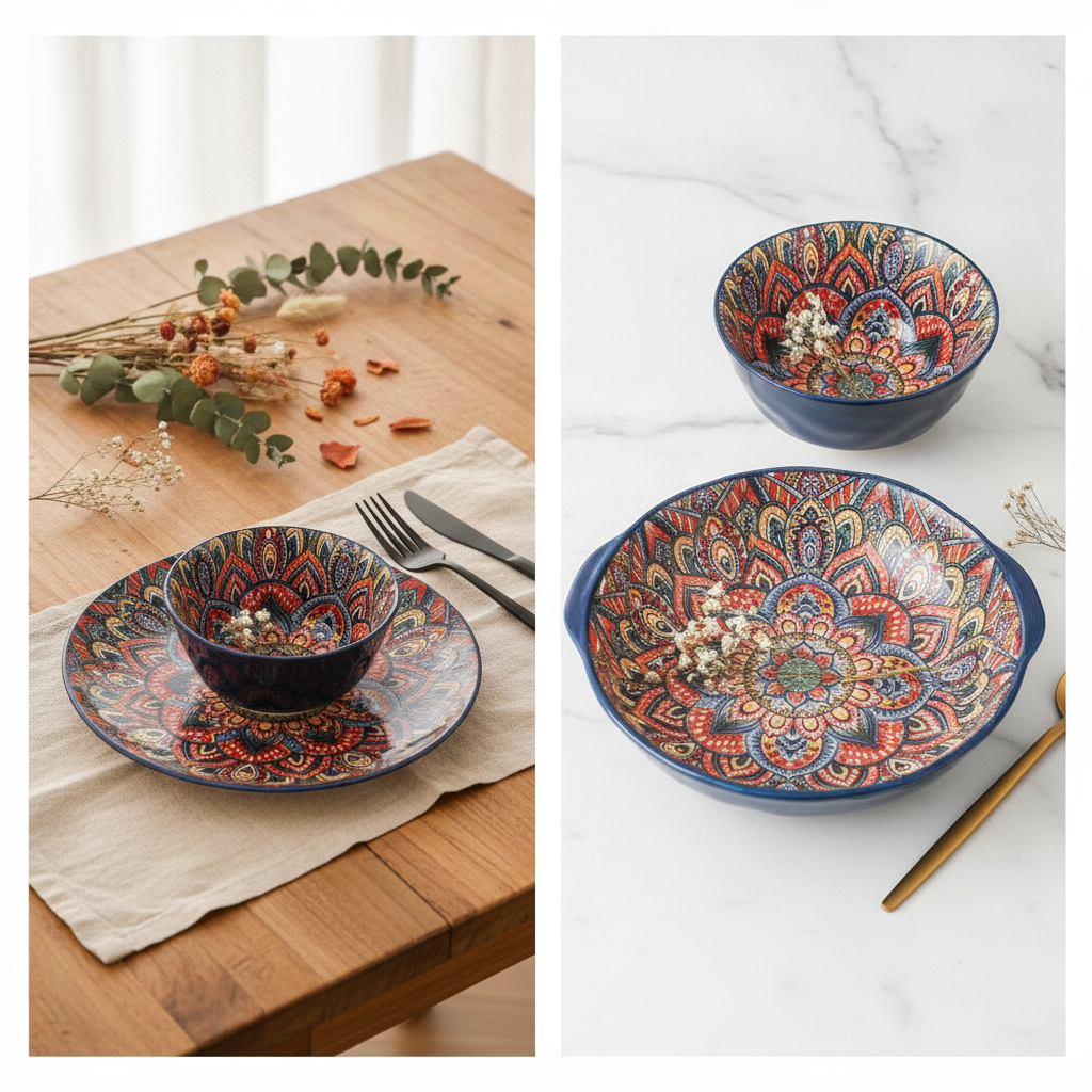 Minimal beauty shot of Bohemian mandala ceramic bowl and plate with floral sprig