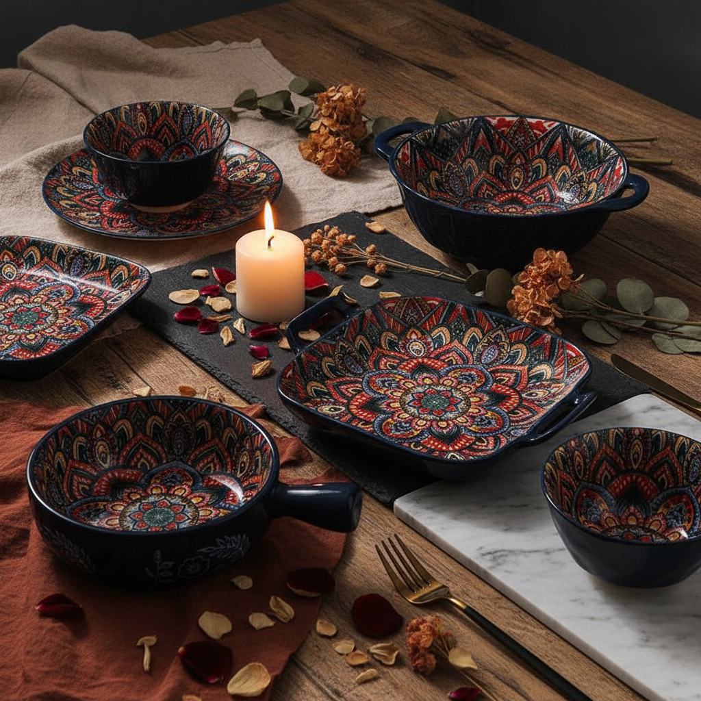 Moody dramatic 3/4 shot of Bohemian mandala ceramic on slate with candlelight