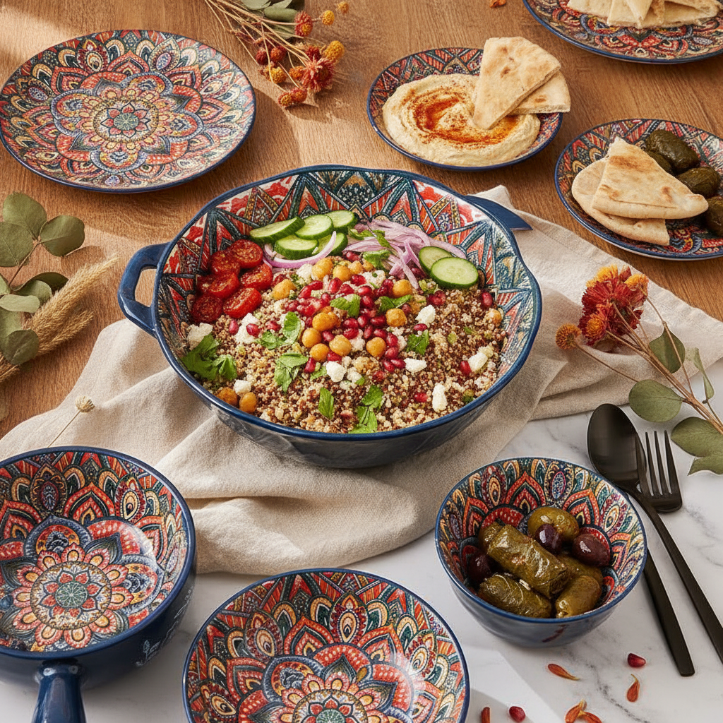 Mediterranean mezze and grain bowl served in Bohemian mandala ceramic bowls