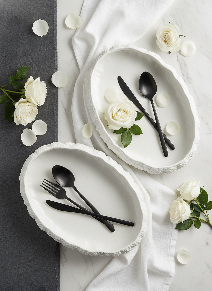 Two white rock-textured oval porcelain serving platters styled together on marble and slate