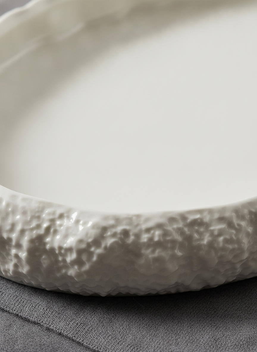 Macro detail of the organic stone-edge rock texture of the white porcelain platter