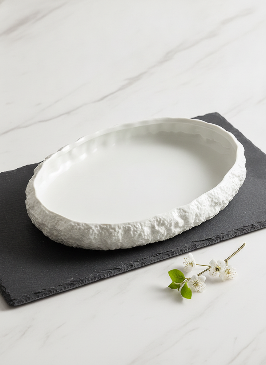 Minimal beauty shot of the white rock-textured oval platter on slate over white marble