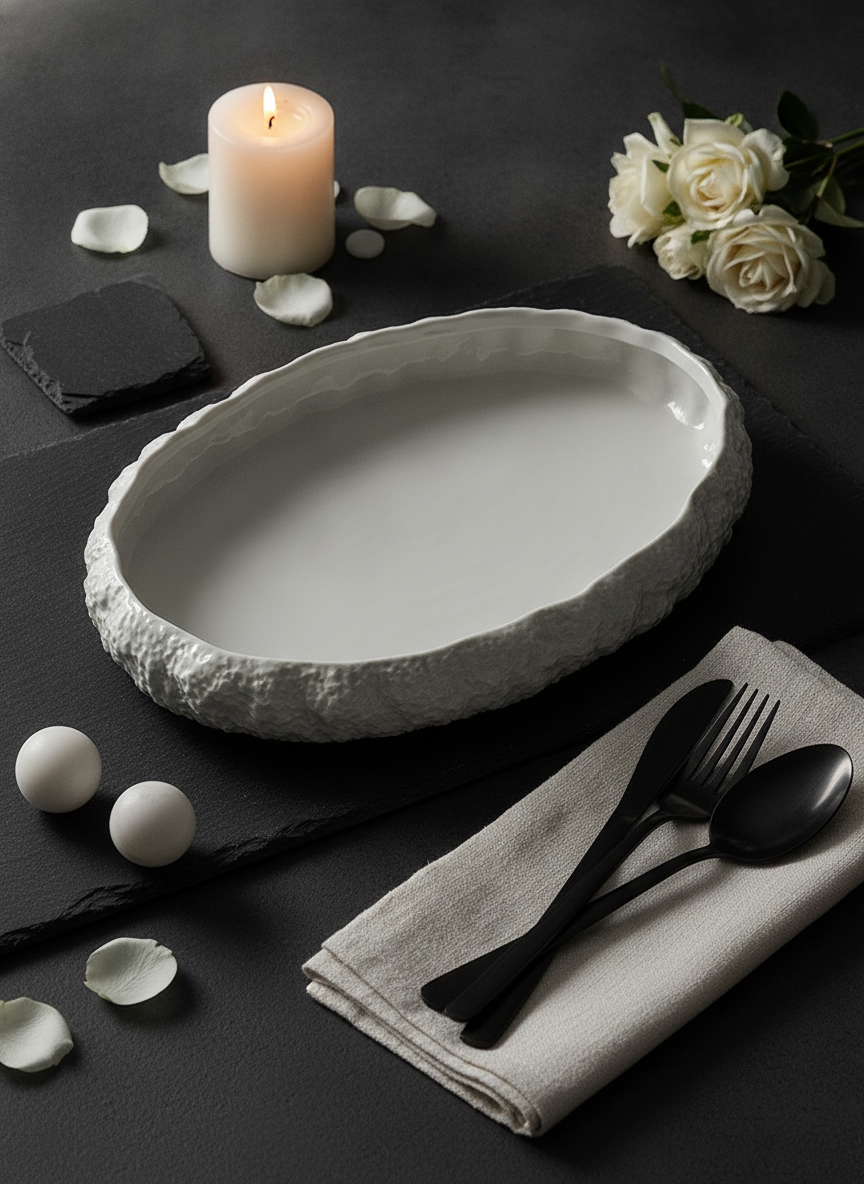 Moody candlelit shot of the white rock-textured oval platter on charcoal slate