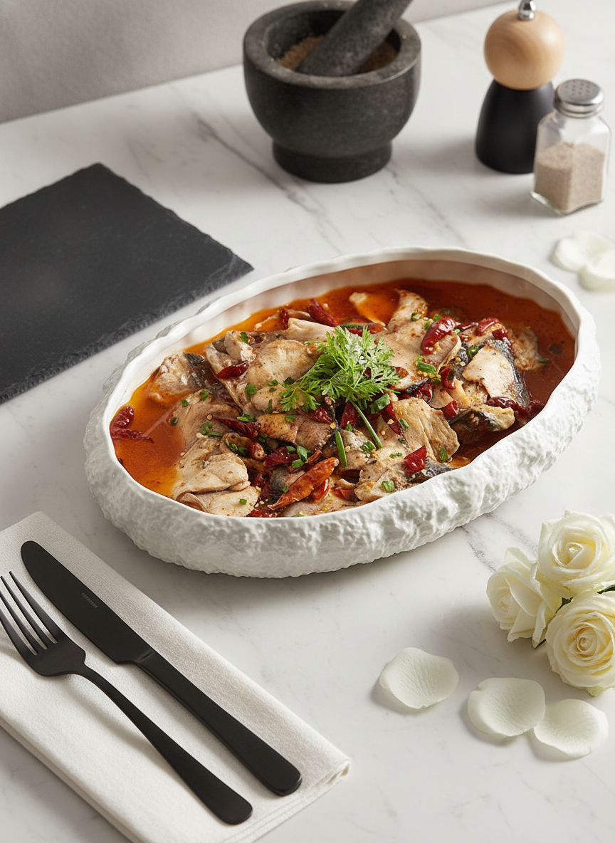 White rock-textured oval platter plated with a fish dish in an editorial table scene