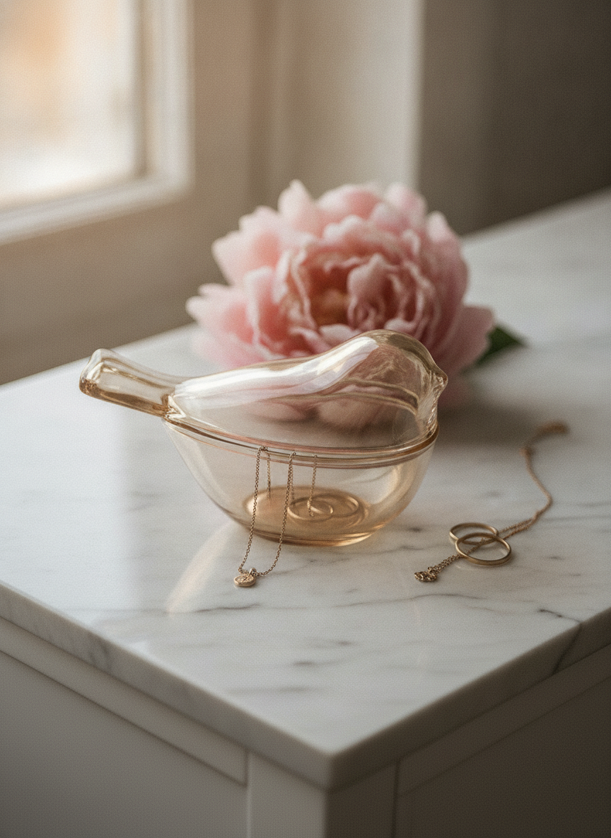 Glass bird trinket box on a marble vanity holding gold rings and a fine necklace