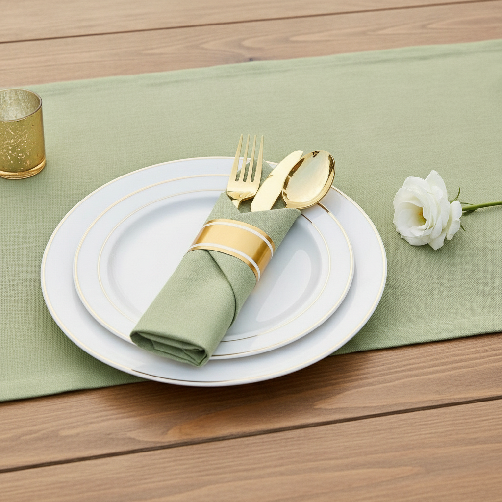 Single pre-rolled gold cutlery and green napkin set on a white plate at a garden place setting