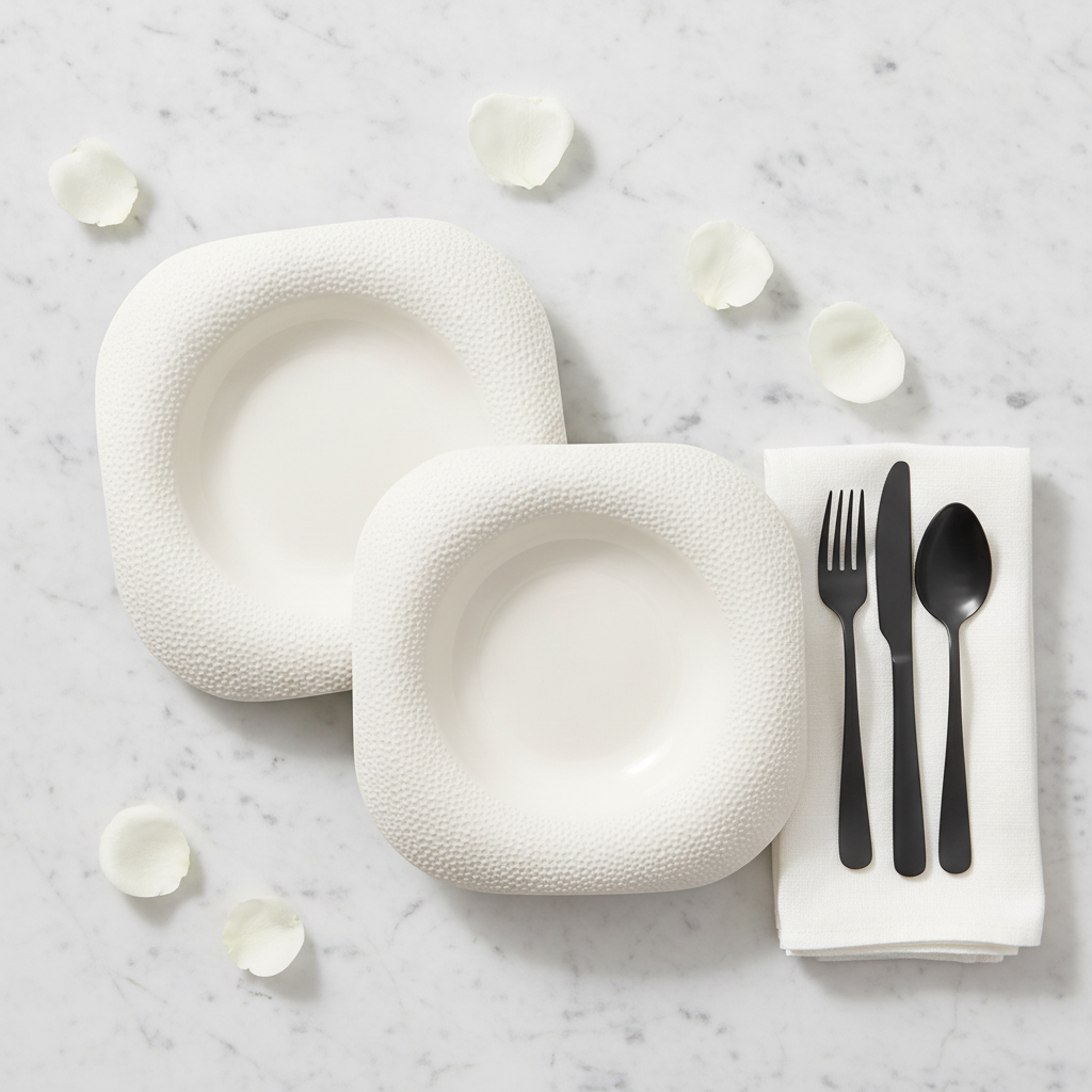 Two matte sesame-dot textured square plates with matte-black cutlery and rose petals