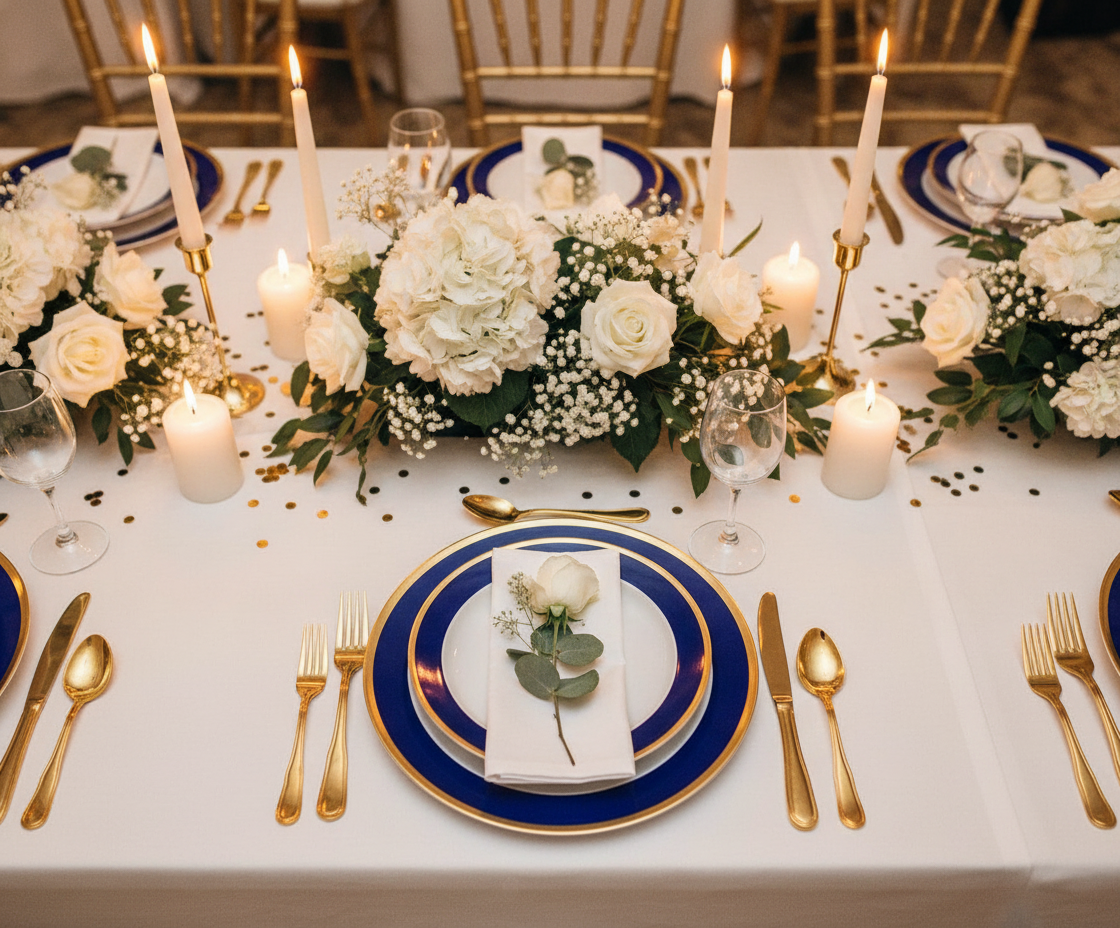 Styled celebration table set with blue and gold rim plates and gold cutlery