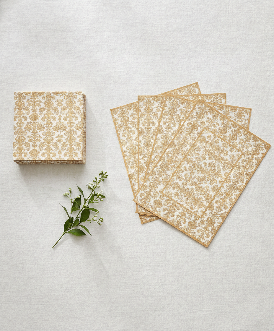 Overhead flat-lay of stacked gold-printed paper napkins and placemats