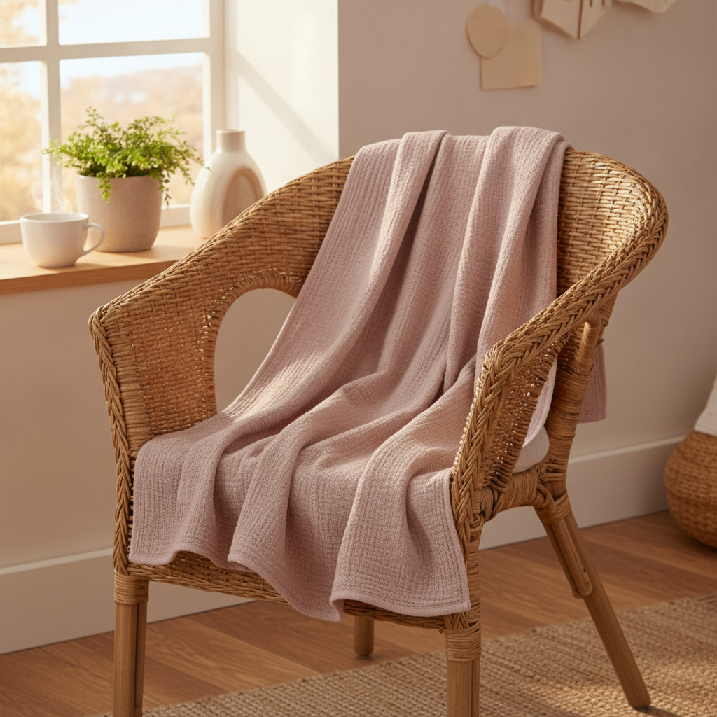 Blush pink cotton gauze towel draped over a chair by a window