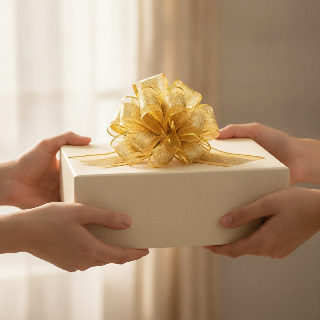 Gold organza pull bow on a cream wrapped gift box held in two hands
