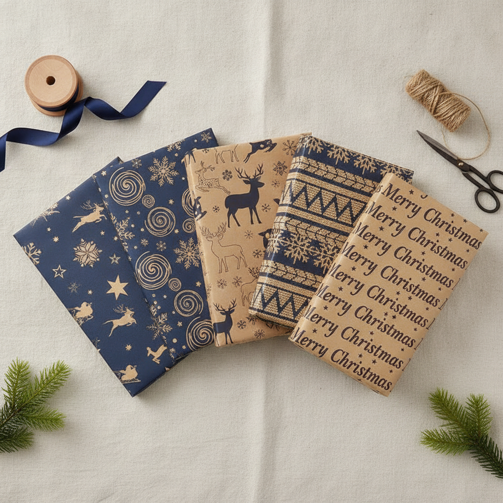 Flat-lay of five Christmas kraft wrapping paper designs with ribbon and twine