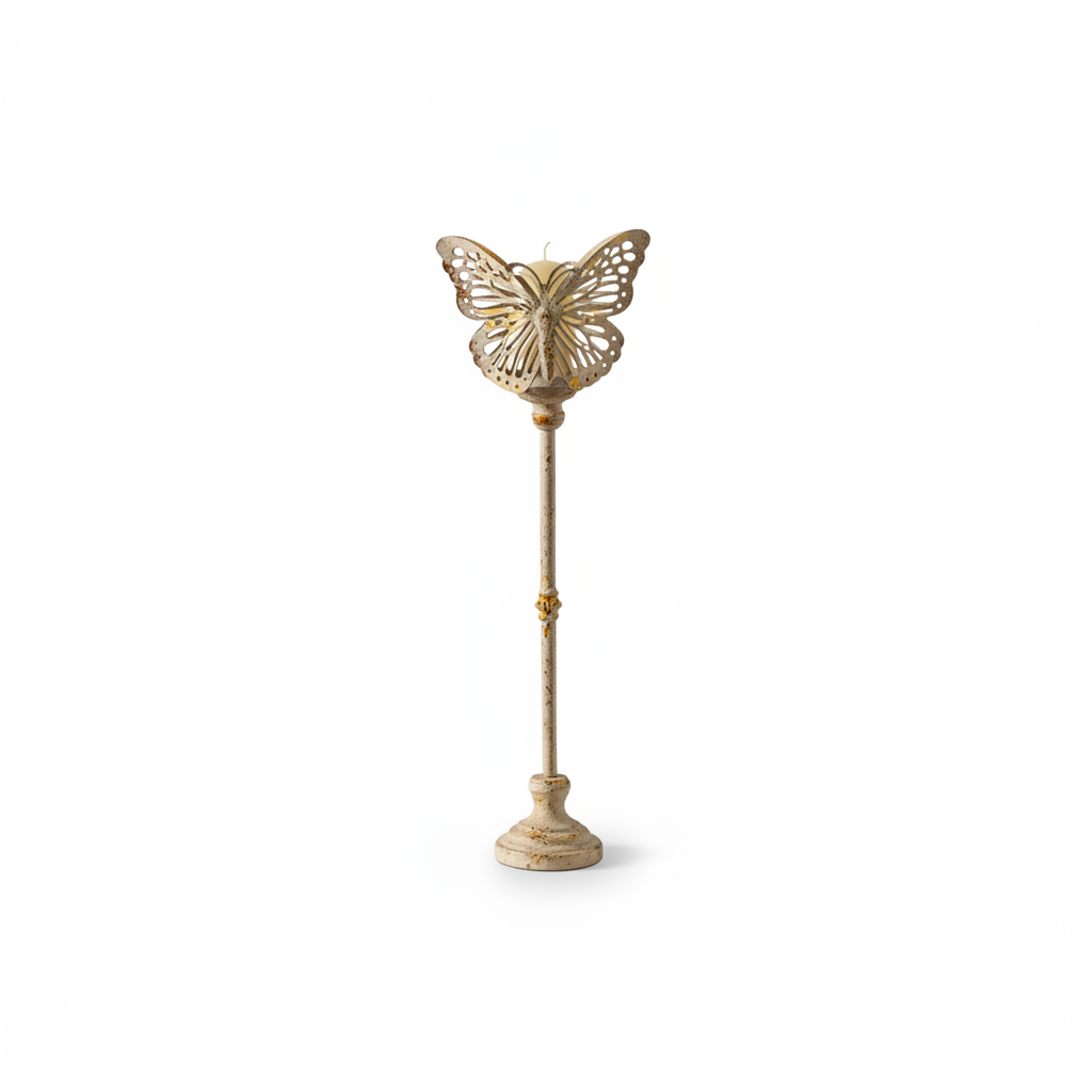 Farfalla hand-forged butterfly candlestick with pierced openwork wings and antiqued cream finish on white