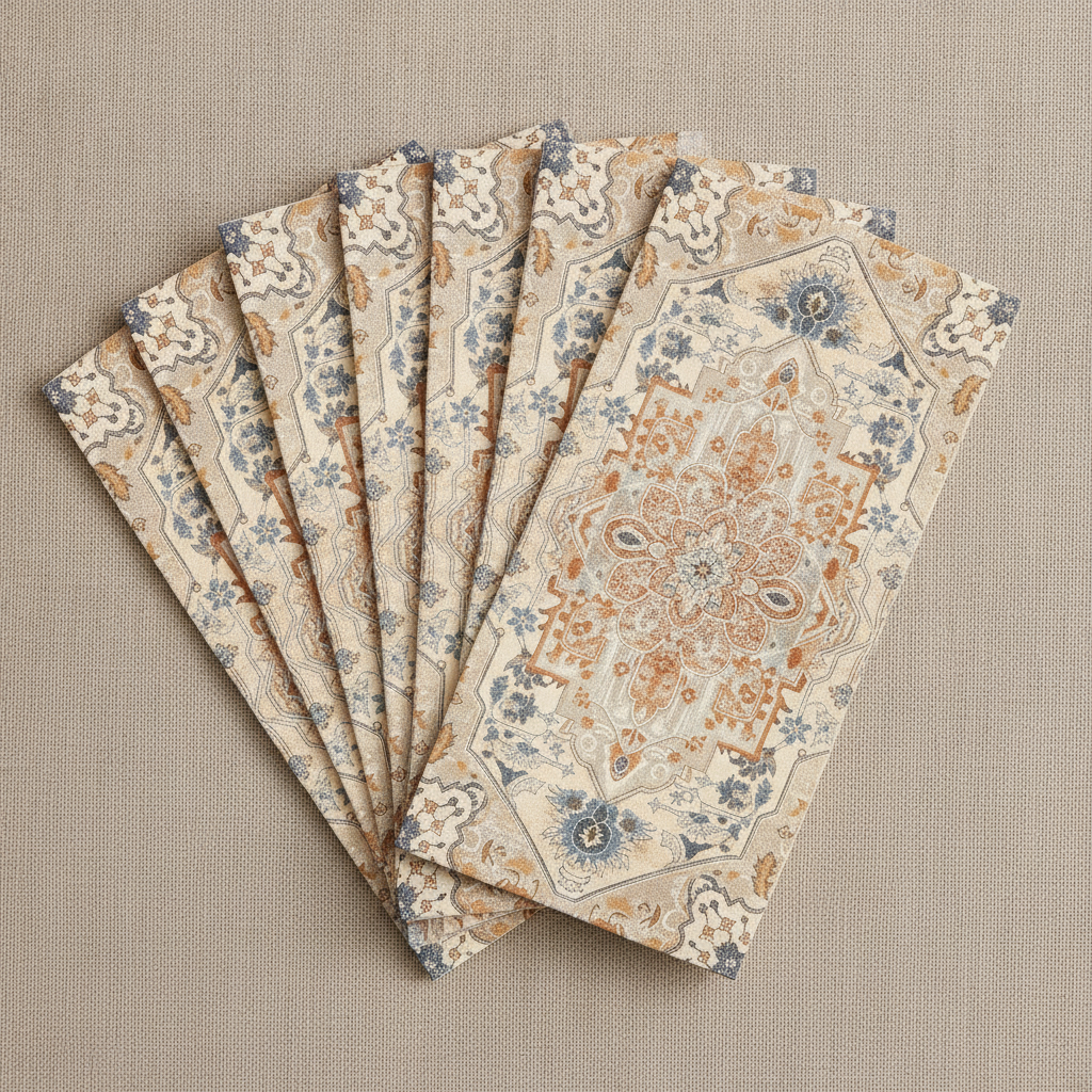 Fanned rectangular boho paper guest napkins showing the orange and cyan Persian medallion print