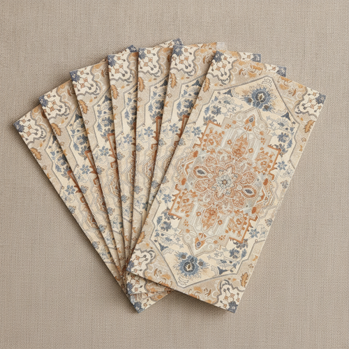 Fanned rectangular boho paper guest napkins showing the orange and cyan Persian medallion print