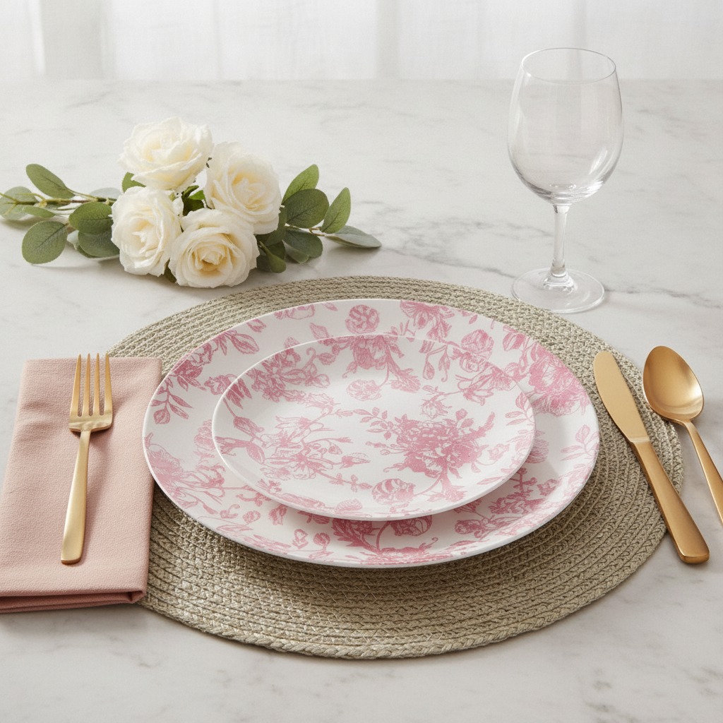 Pink floral toile plate place setting with napkin, gold cutlery and roses on marble