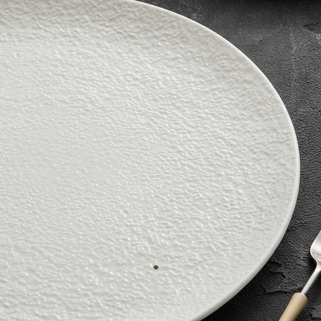 Macro of the hammered pebbled relief texture and matte-white glaze of the Martellato plate