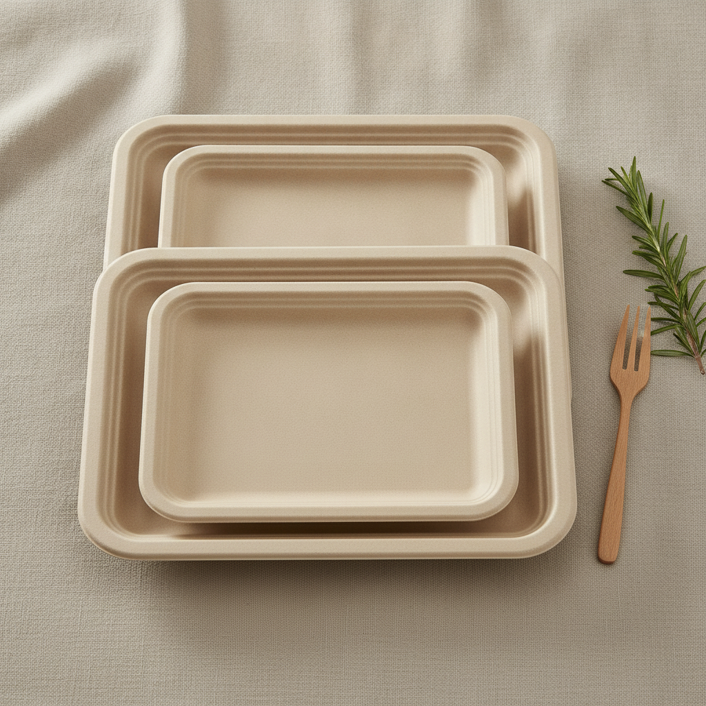 Flat rectangular natural sugarcane bagasse trays arranged on linen with a wooden fork
