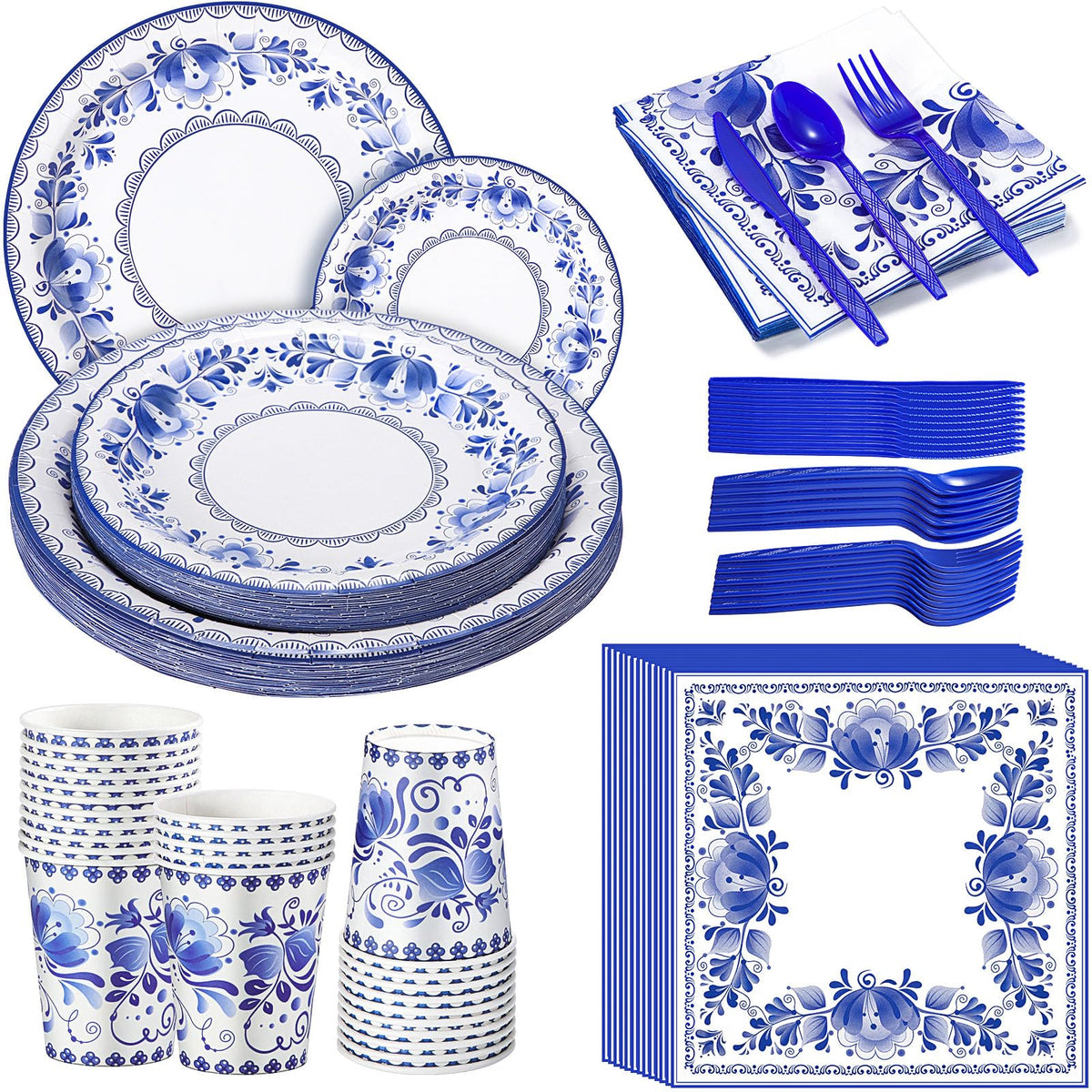 Blue & White Chinoiserie Floral Disposable Tableware Set, 175 pc — view 2