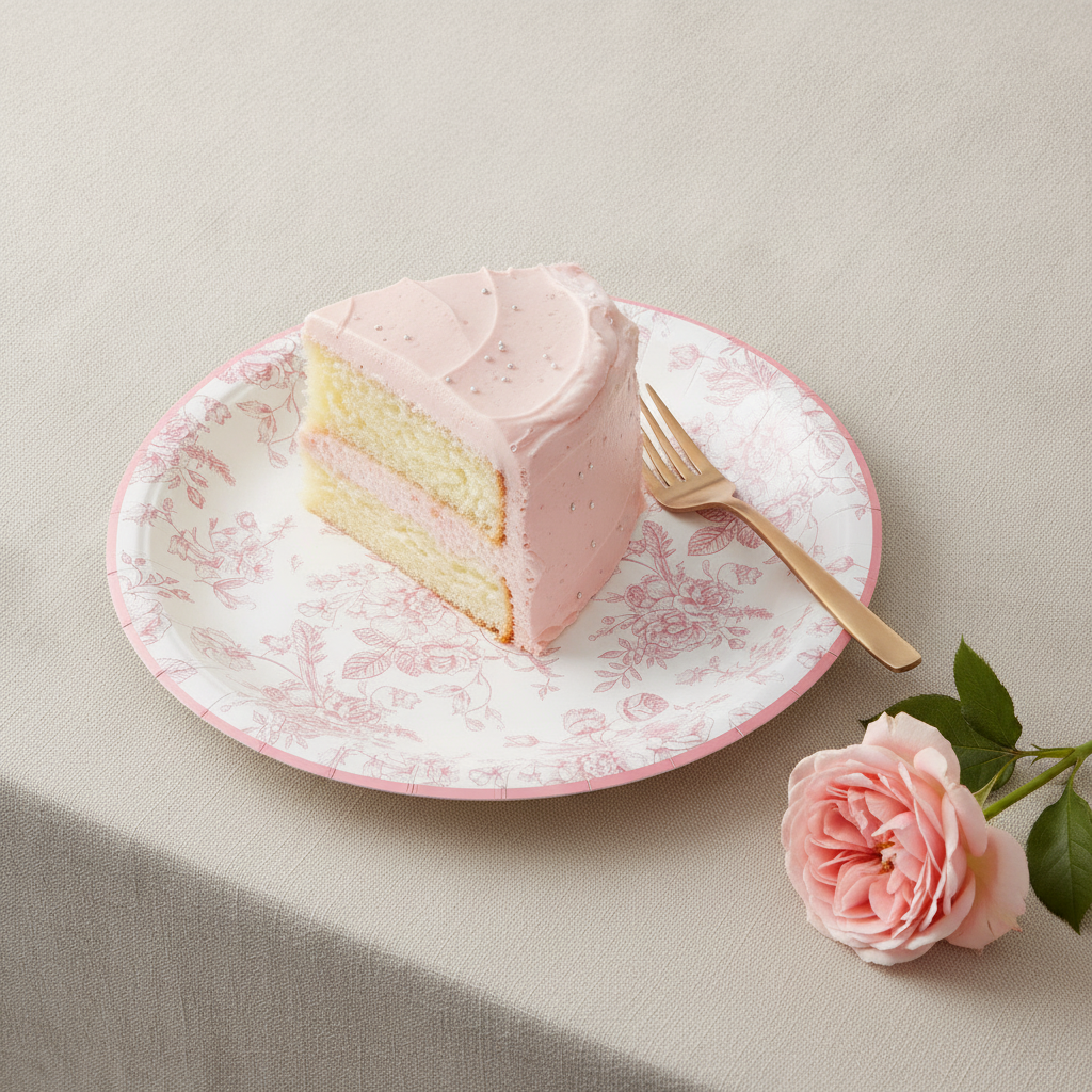 Angled close-up of a pink wildflower toile paper plate with cake and rose-gold fork