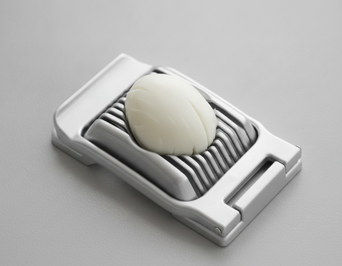 Silver aluminum egg slicer with egg in cradle