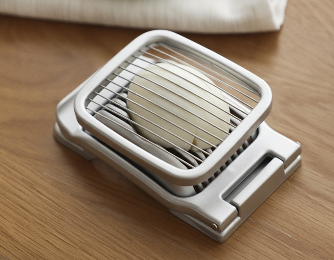Top-down silver aluminum egg slicer slicing an egg