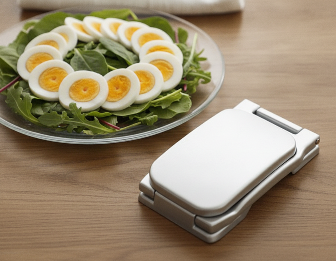 Egg slices on salad beside silver aluminum egg slicer