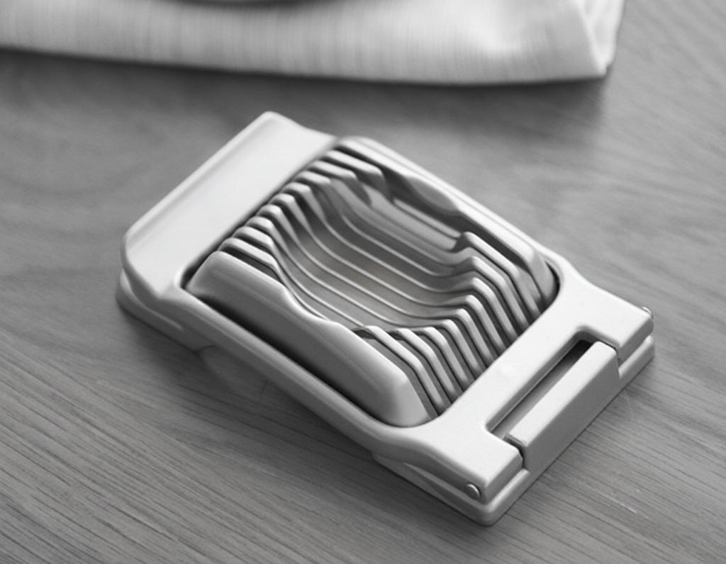 Three-quarter view of silver aluminum egg slicer