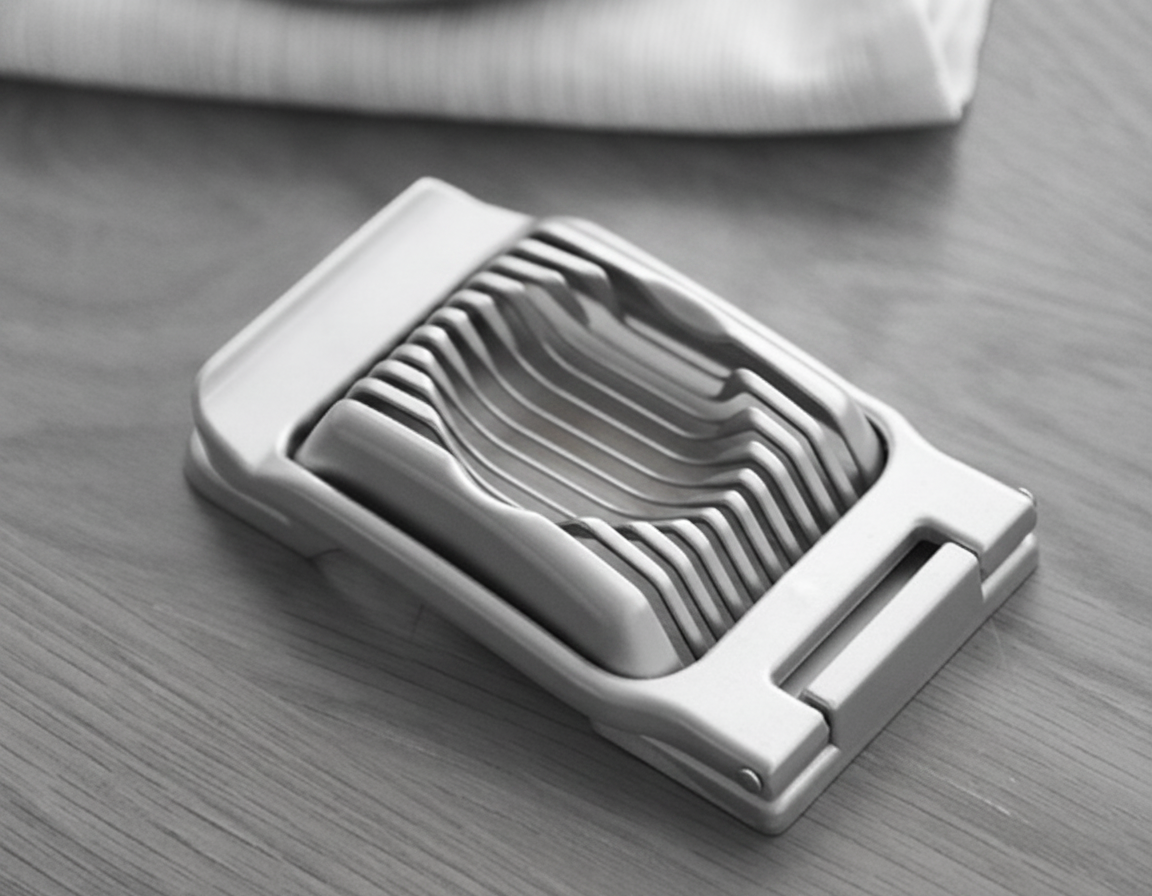 Three-quarter view of silver aluminum egg slicer