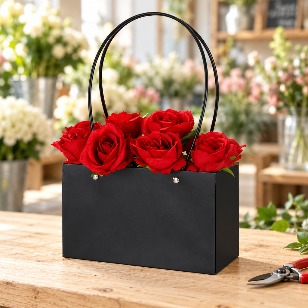 Black floral tote styled with red roses on a florist worktable. Flowers and tools are styling props.