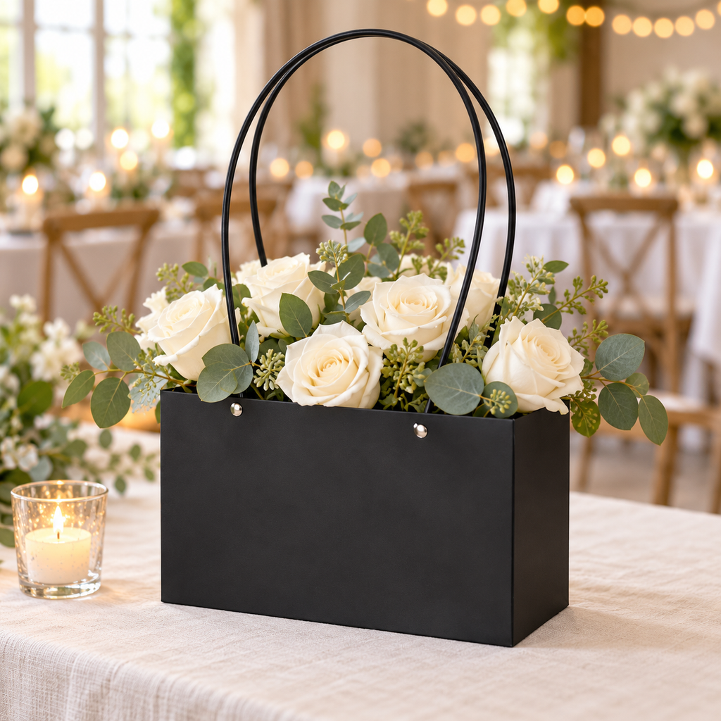 Black floral tote styled with white roses at a wedding reception. Flowers and decor are not included.