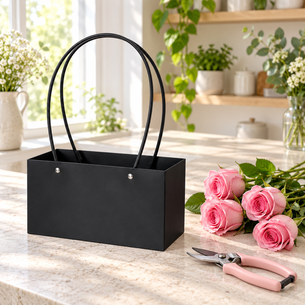 Empty black floral tote on an arranging counter beside roses and shears. Flowers and tools are styling props.