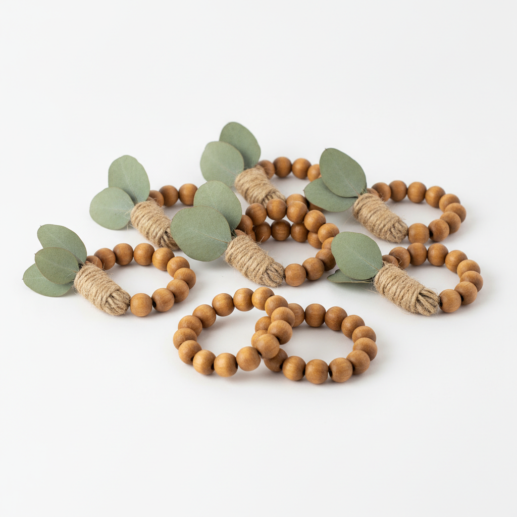 Set of eucalyptus wood-bead jute napkin rings on a white background