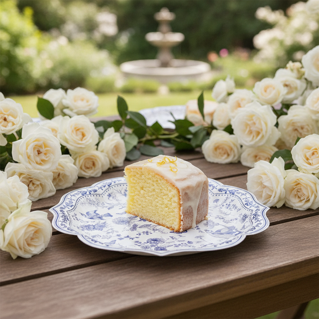 Blue chinoiserie scalloped paper plate with lemon cake at a garden tea party