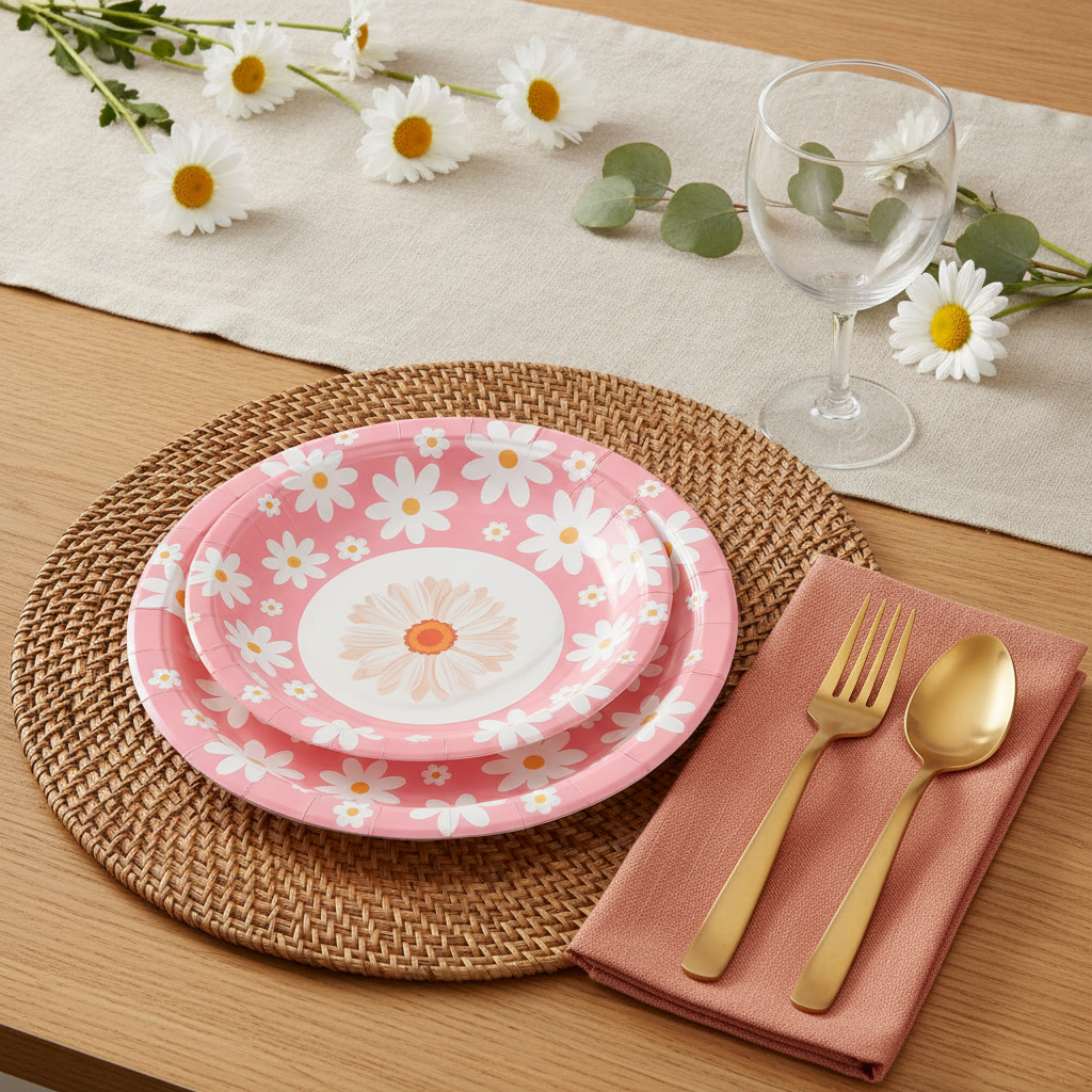 Groovy daisy pink and orange disposable paper party plates styled on a rattan placemat with gold flatware and daisies