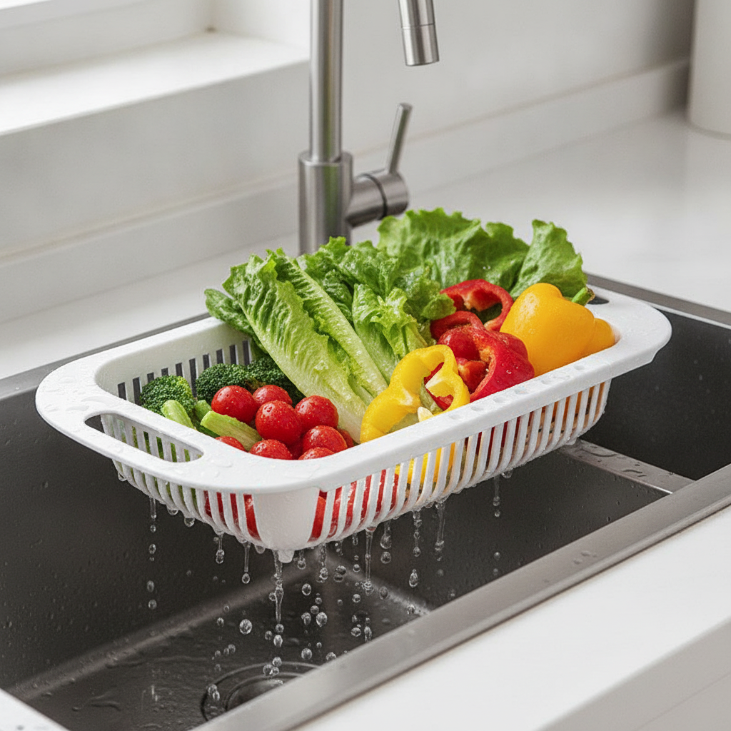 Draining basket across a sink filled with washed vegetables and water draining through