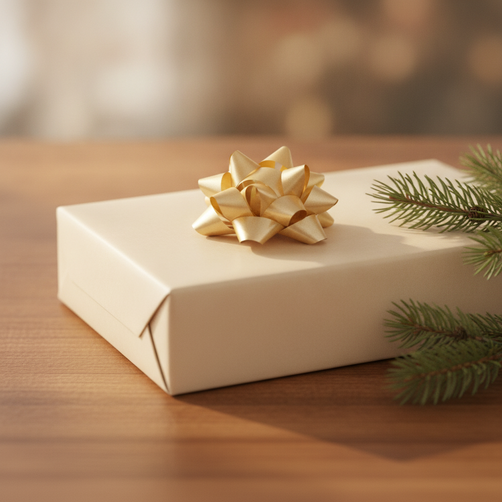 Gold star confetti bow on a wrapped cream gift box with pine sprigs