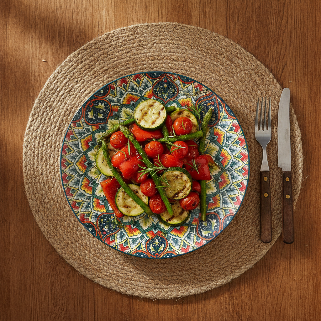 Colorful mandala ceramic plate holding a Mediterranean meal on a woven placemat