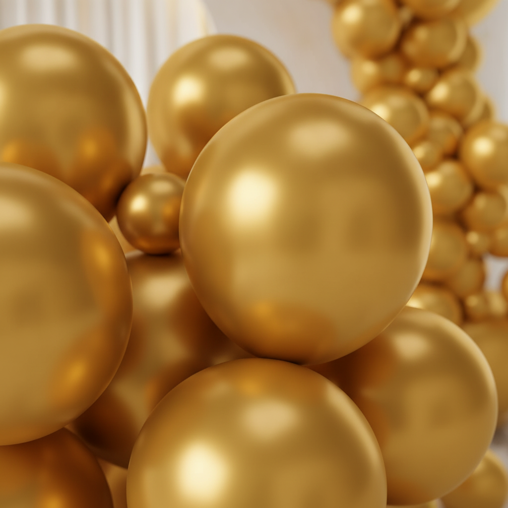 Close-up cluster of glossy metallic gold latex balloons showing the shiny reflective surface