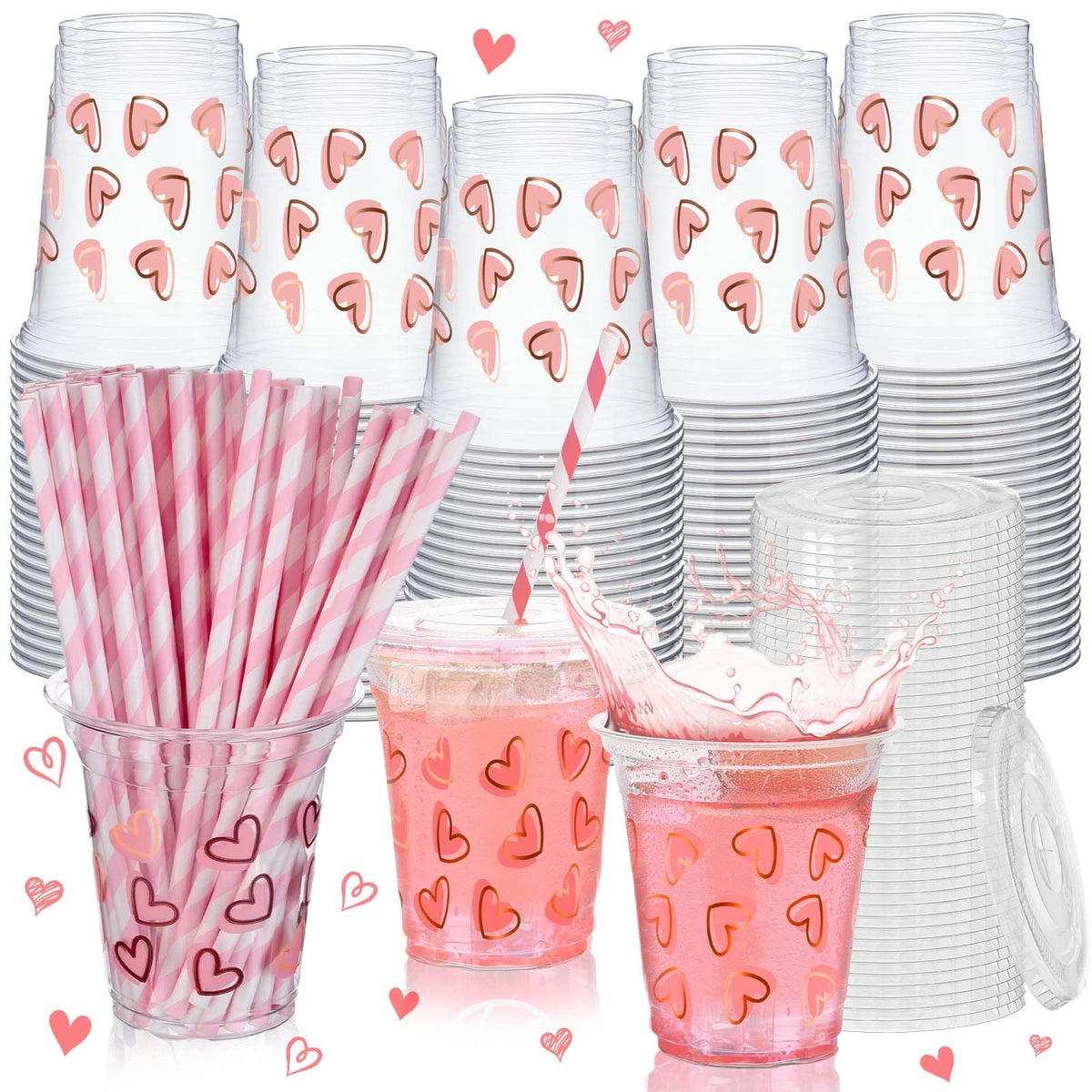 Heart Print Party Cups with Lids & Straws, 12 oz — view 2