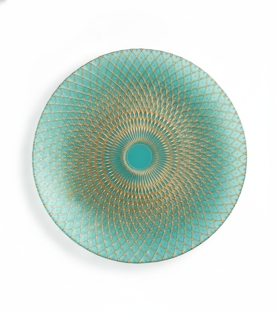 Pavone peacock-green glass plate with radiating gold lattice and teal center, perfectly round top-down on white