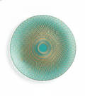 Pavone peacock-green glass plate with radiating gold lattice and teal center, perfectly round top-down on white