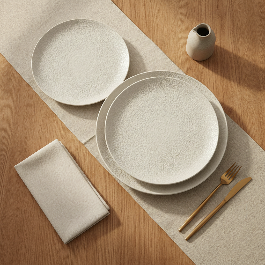 Stack of Martellato hammered ceramic plates styled on a linen runner with gold cutlery