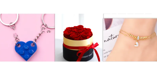 Gift collage: red preserved rose box shown between a blue heart keychain pair and a gold bracelet on a wrist