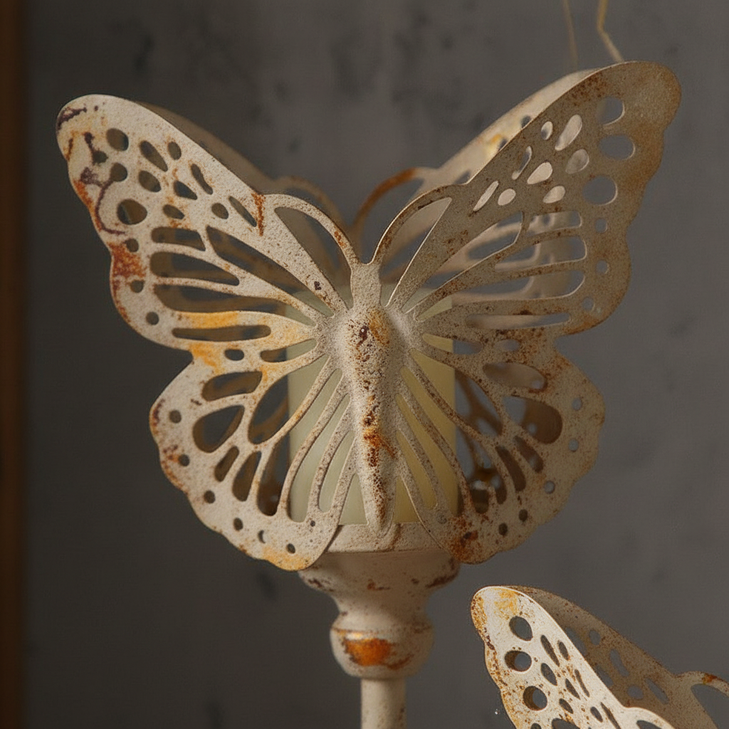 Macro close-up of the hand-cut filigree butterfly wings and distressed cream-and-rust patina