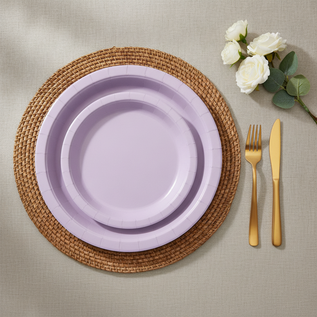 Lavender disposable paper party plates — thin matte uncoated light purple paper dinner and dessert plates on a woven rattan placemat with gold flatware and white roses
