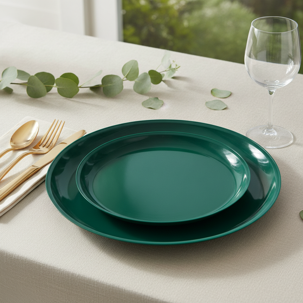 Forest green plastic party plates elegant place setting with gold flatware and eucalyptus