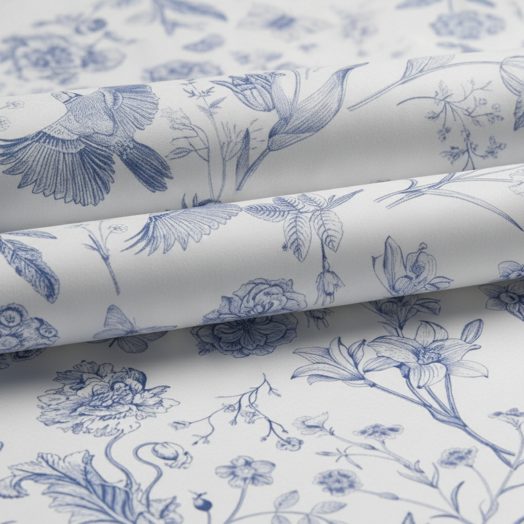 Macro close-up of blue and white botanical toile wrapping paper